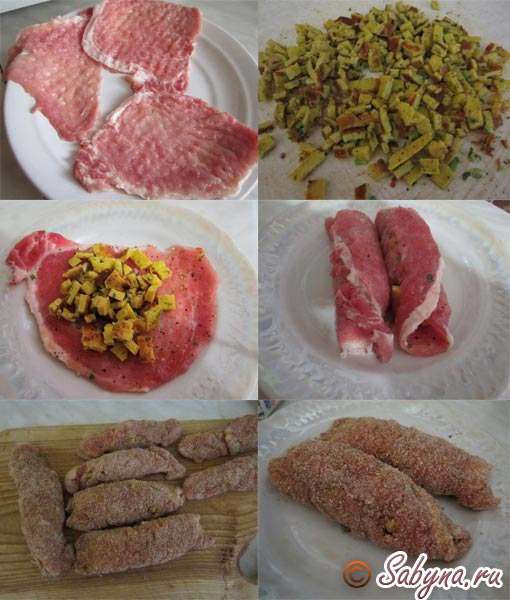Рецепт  приготовления рулетиков из свинины с начинкой 